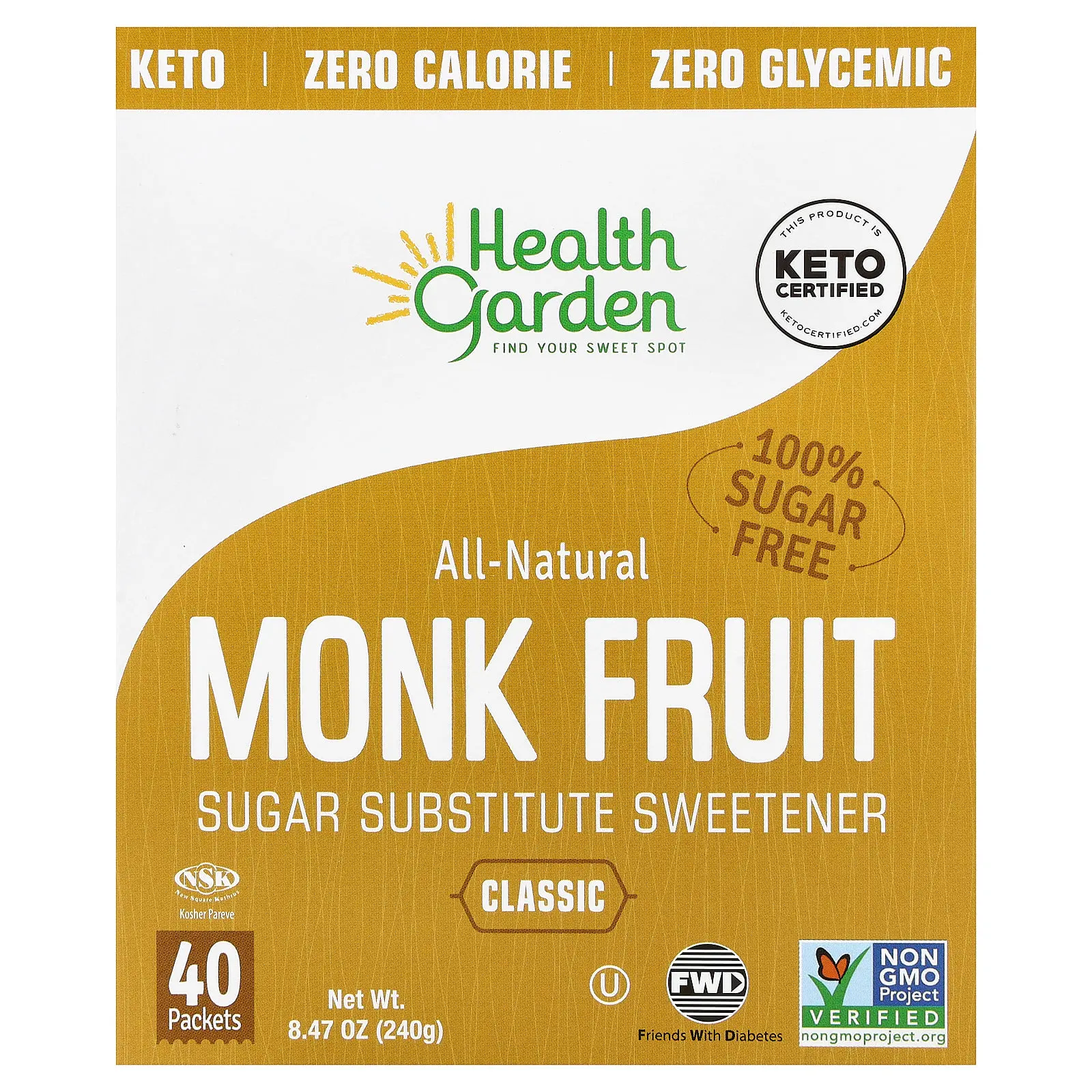 Health Garden All-Natural Monk Fruit Sweetener, Classic, 40 Packets, 8.47 oz (240 g)