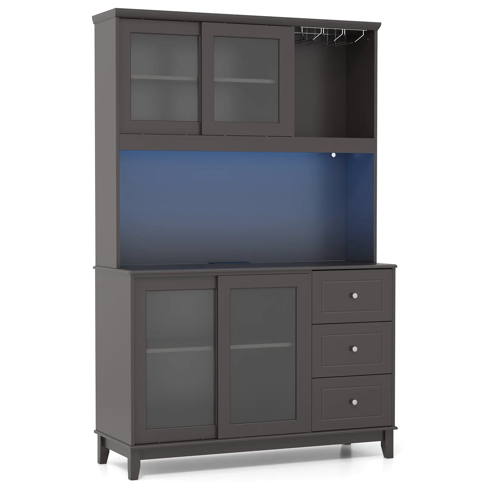 COSTWAY - Kitchen Pantry Storage Cabinet Kitchen Hutch with LED lights and Power Outlet-Dark Brown