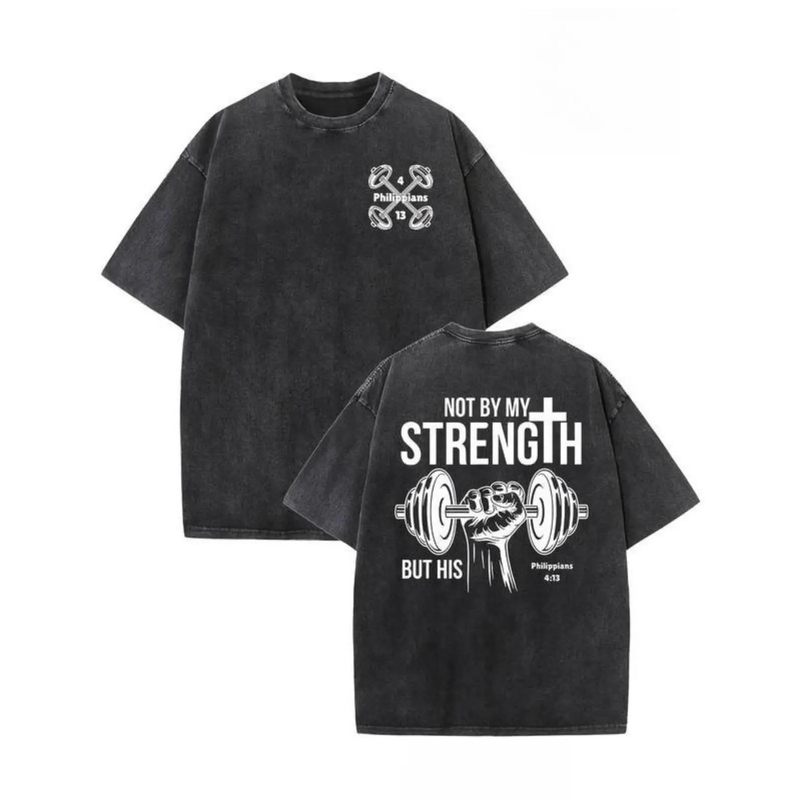 Unisex Vintage Heavy Cotton T-Shirt with Bold Double-Sided Cross and Dumbbell Patterns Fabric Overall