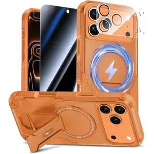 for iPhone 17 Pro Max Case with Privacy Tempered Glass Screen Protector & Camera Lens Protector, Compatible with MagSafe, Invisible Kickstand, Shockproof Phone Cover, Orange