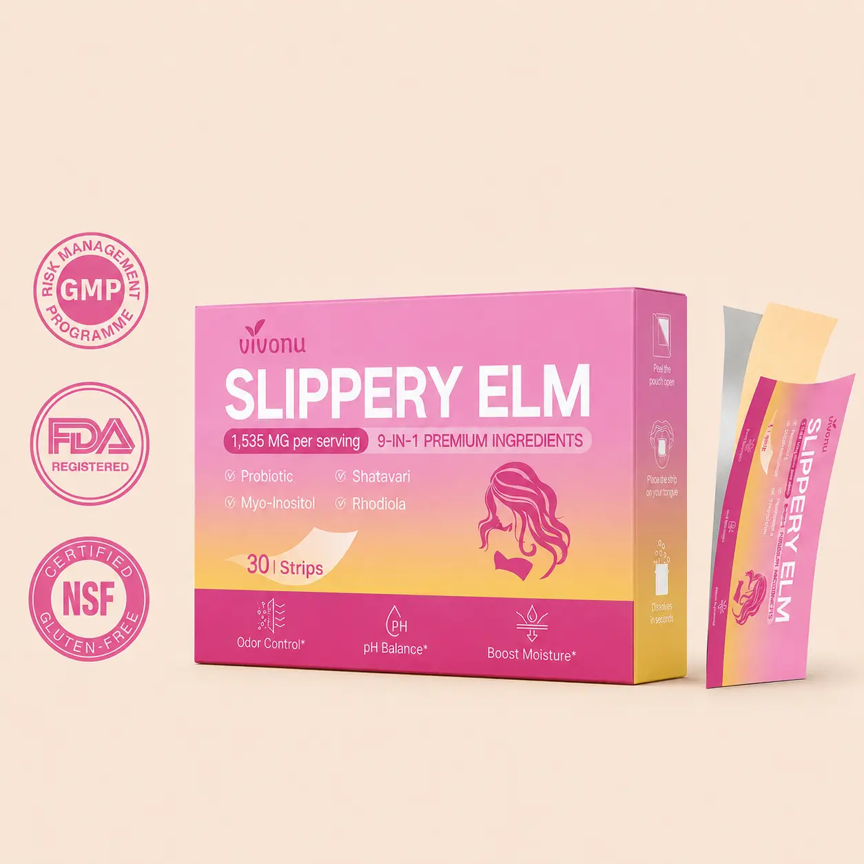 VivoNu Slippery Elm + Women’s Probiotics with Myo-Inositol – Natural Ingredients for pH Balance, Odor Improvement, Moisture Support