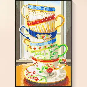 Teacup Diamond Painting Kit for Adults 17.7x25.6in Full Round Drill DIY Bead Art Set for Home Wall Decor 45x65cm Canvas & Acrylic Material