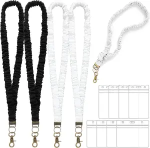 4 count Stretchy Scrunchie Lanyards with 8 ID Holder for ID Badges and , Cute  Scrunchie Lanyard for Teacher Appreciation Gifts  School Classroom(Black and White,Pure Color Style)