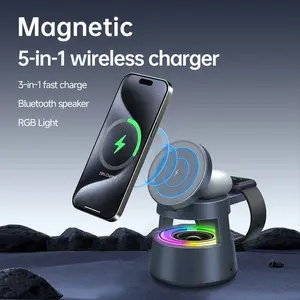 5-In-1 Wireless Charging Station with Speaker & LED Night Lamp, Magnetic Fast Charger Stand, Travel Portable for iPhone 17~12, Apple Watch 10~2 Se, AirPods