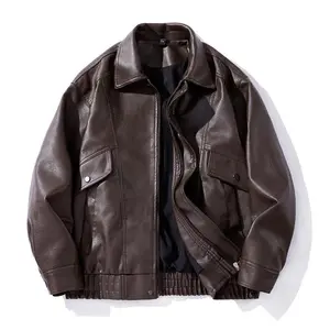 Classic men's autumn and winter casual synthetic leather bomber jacket, fashionable modern motorcycle flight jacket, leather jacket, casual loose soft motorcycle jacket, lapel button zipper long sleeved jacket with pockets, PU leather jacket