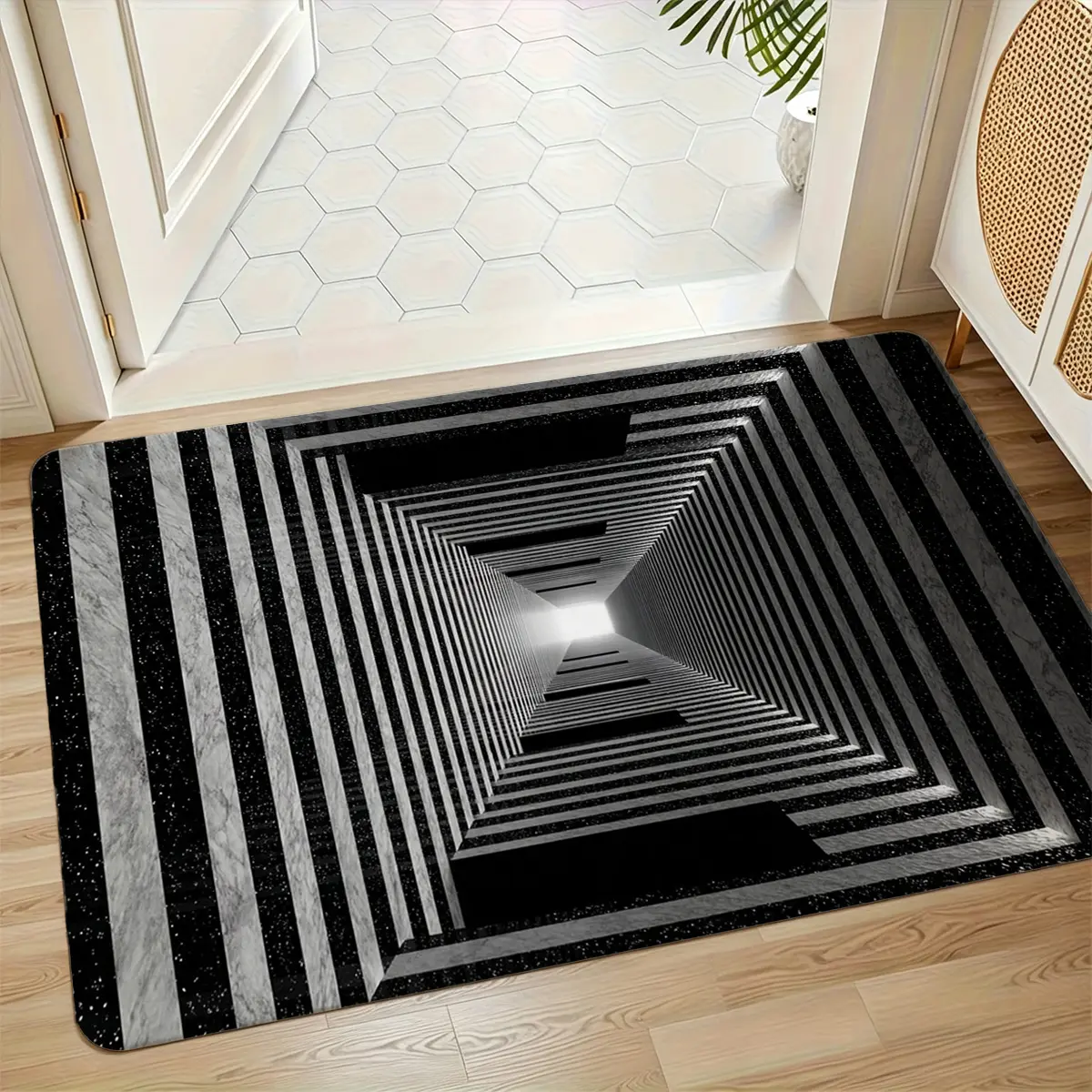 Black White Marble Glitter Square Tunnel 3D Optical Illusion Flannel Door Mat, 16×24in Geometric Stripe Vortex Visual Pattern Non-Slip Absorbent Floor Rug for Entryway Bathroom Bedroom Kitchen