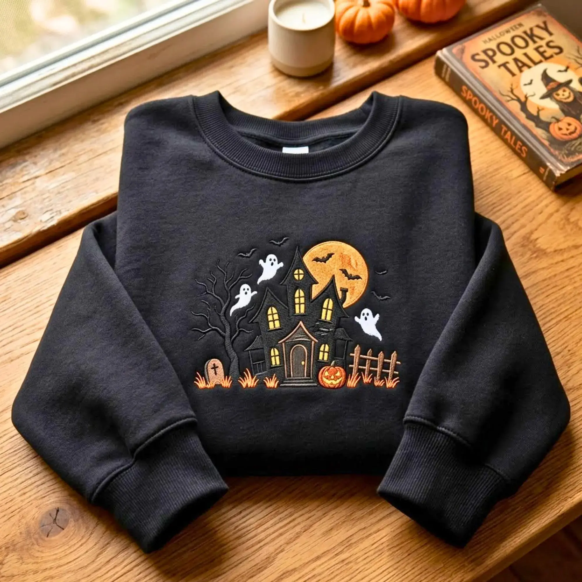 Embroidered Haunted House Sweatshirt, Pigment Dyed Halloween Crewneck Sweater