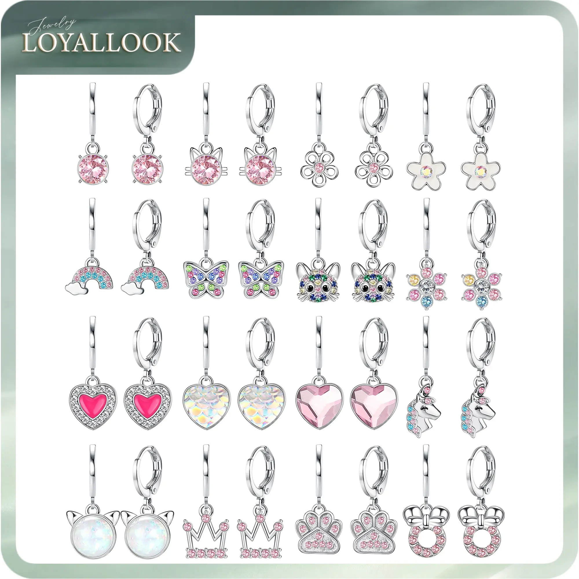 LOYALLOOK 16Pairs Hypoallergenic Earrings for Girls Women Stainless Surgical Steel Huggie Hoop Earring Set for Sensitive Ears Cute Dangle Pink Kids Toddler Jewelry with Charm Age: over 4 years old