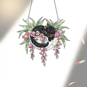 Black Cat with Pink Lily Flowers Hologram Ornament – Sleeping Black Cat ACRYLIC Hanging Window Decor, Lily Floral Art Gift, Cat Lover Gift