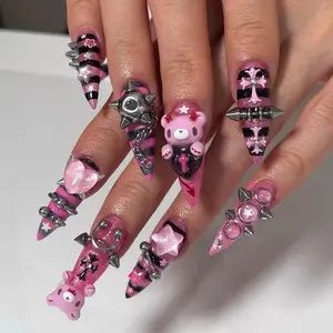 Pink Punk Glam Press-On Nails, Hot Pink and Black Stripe Design with 3D Plush Charm, Silver Spike Details, Cross and Star Accents, Y2K Rockstar Holiday Nail Art Set