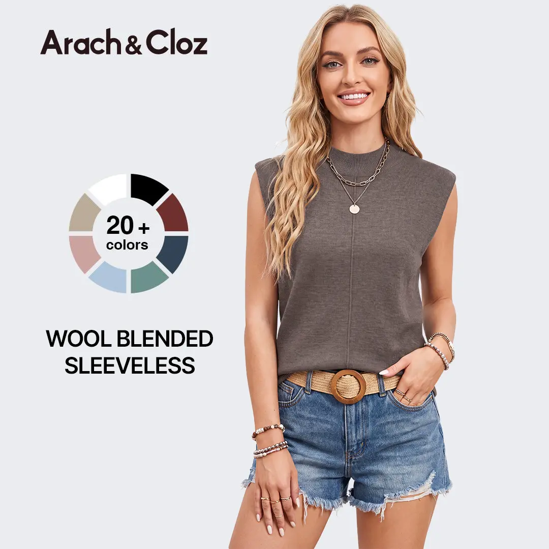 Arach&Cloz Women 2026 Wool Blended Mock Neck Sleeveless Sweater Vest Summer Business Office Knit Spring Trendy Tops SummerVibes