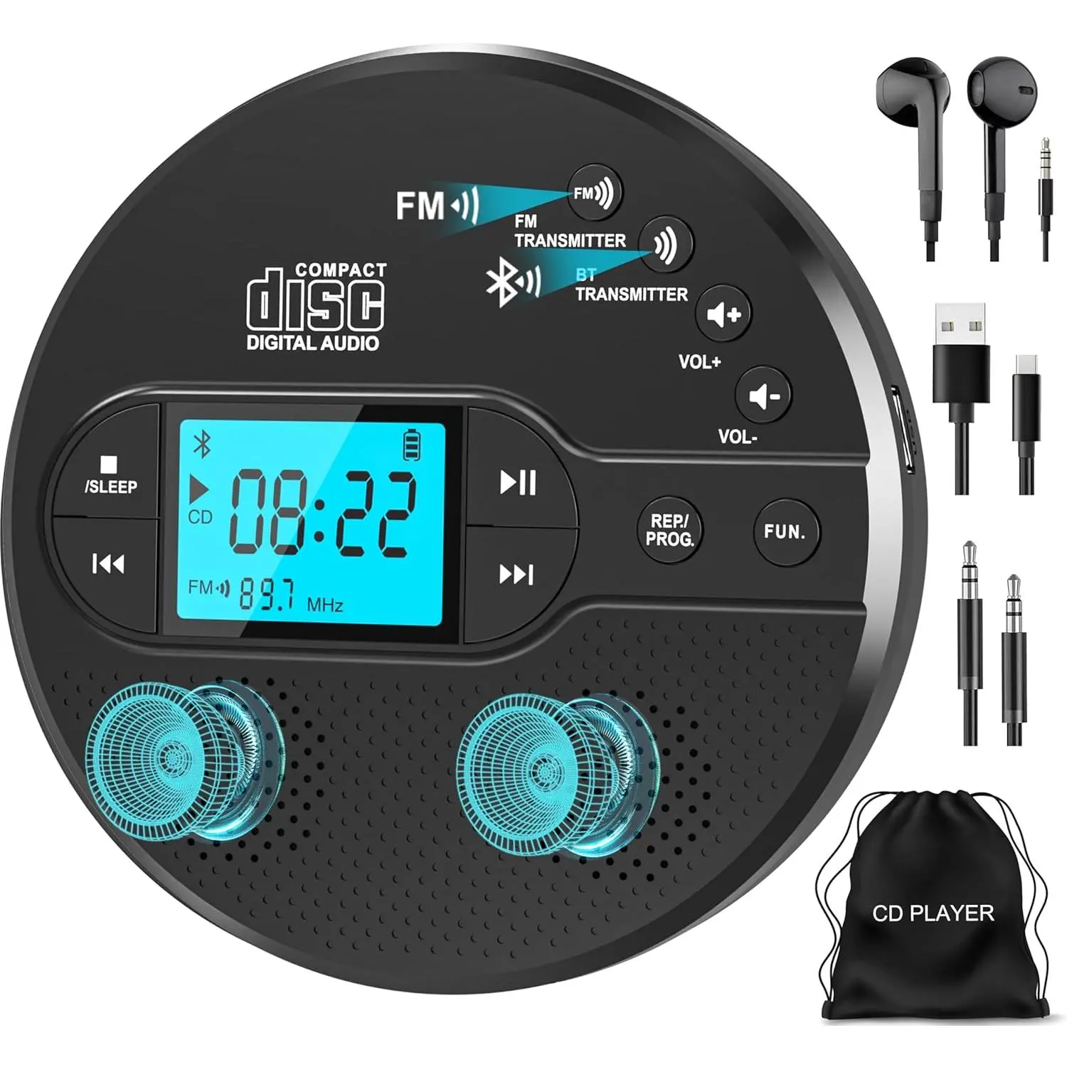 Portable CD Player with , Discman CD Player for  with FM Transmitter, Rechargeable CD Player Portable with Anti-Skip Protection, Headphones, AUX/USB Supported, LCD (Black)