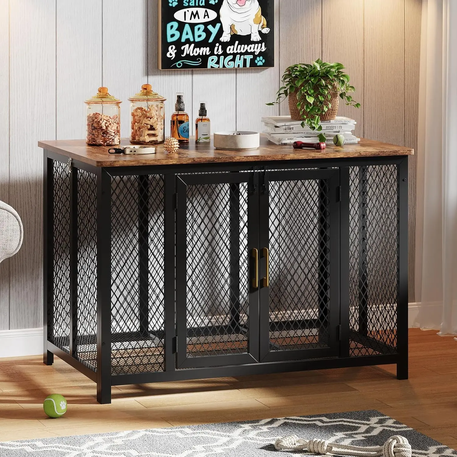48 in Large Dog Crate Furniture with Top Access Door, Heavy Duty Dog Crate Wooden Indoor Decorate Pet Cage, Indestructible Pet Dog Cage for Medium to Large Dogs