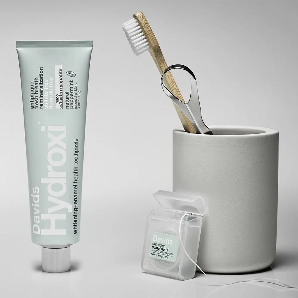 Davids Essentials Teeth Whitening Dental Kit with Hydroxyapatite Toothpaste, Manual Bamboo Brush & Tongue Scraper - Daily Routine for Enamel Health, Expanding Floss, Peppermint, Stainless Steel, Vegan, Eco-Friendly