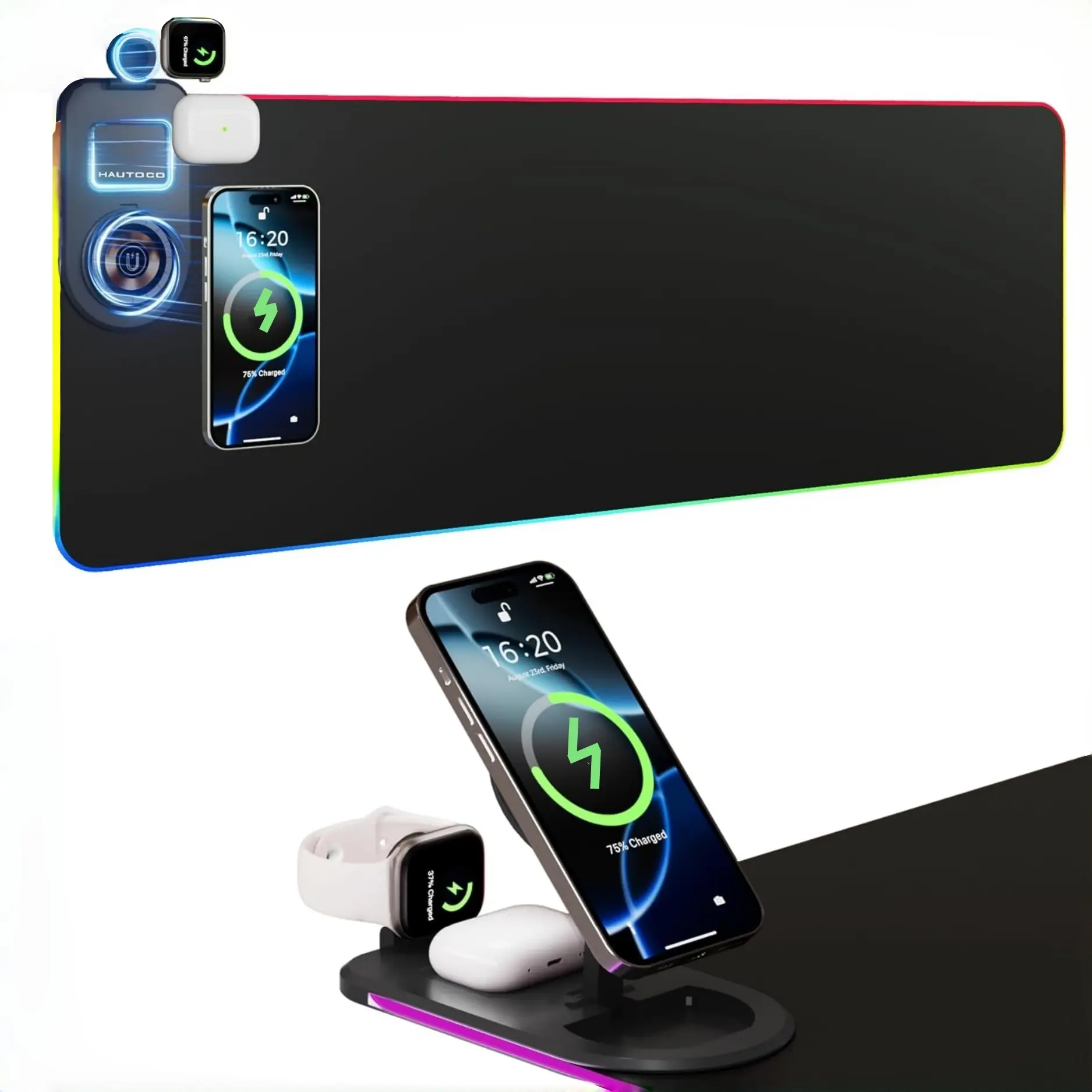 Forsargb Gaming Mouse Pad, Wireless Charging Desk Mat, Foldable Phone Stand, Large LED Gaming Mat (800x300x4mm), 15 Light Modes, Waterproof, Premium Multipurpose Mousepad, Computer Mouse Pad, Gaming Mouse Pad With Charger