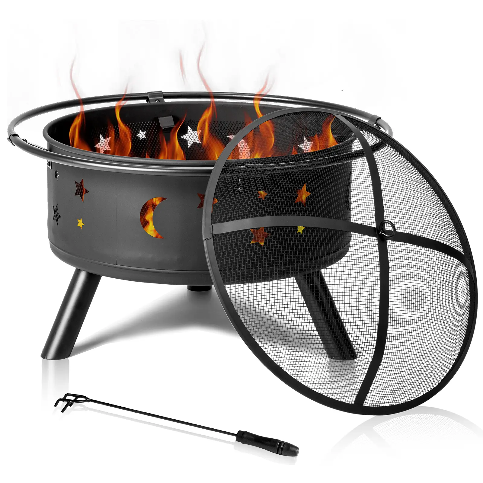 30-Inch Outdoor Wood Burning Fire Pit with Screen, Poker, Pure Garden Black Firepit for Backyard, Deck, Patio