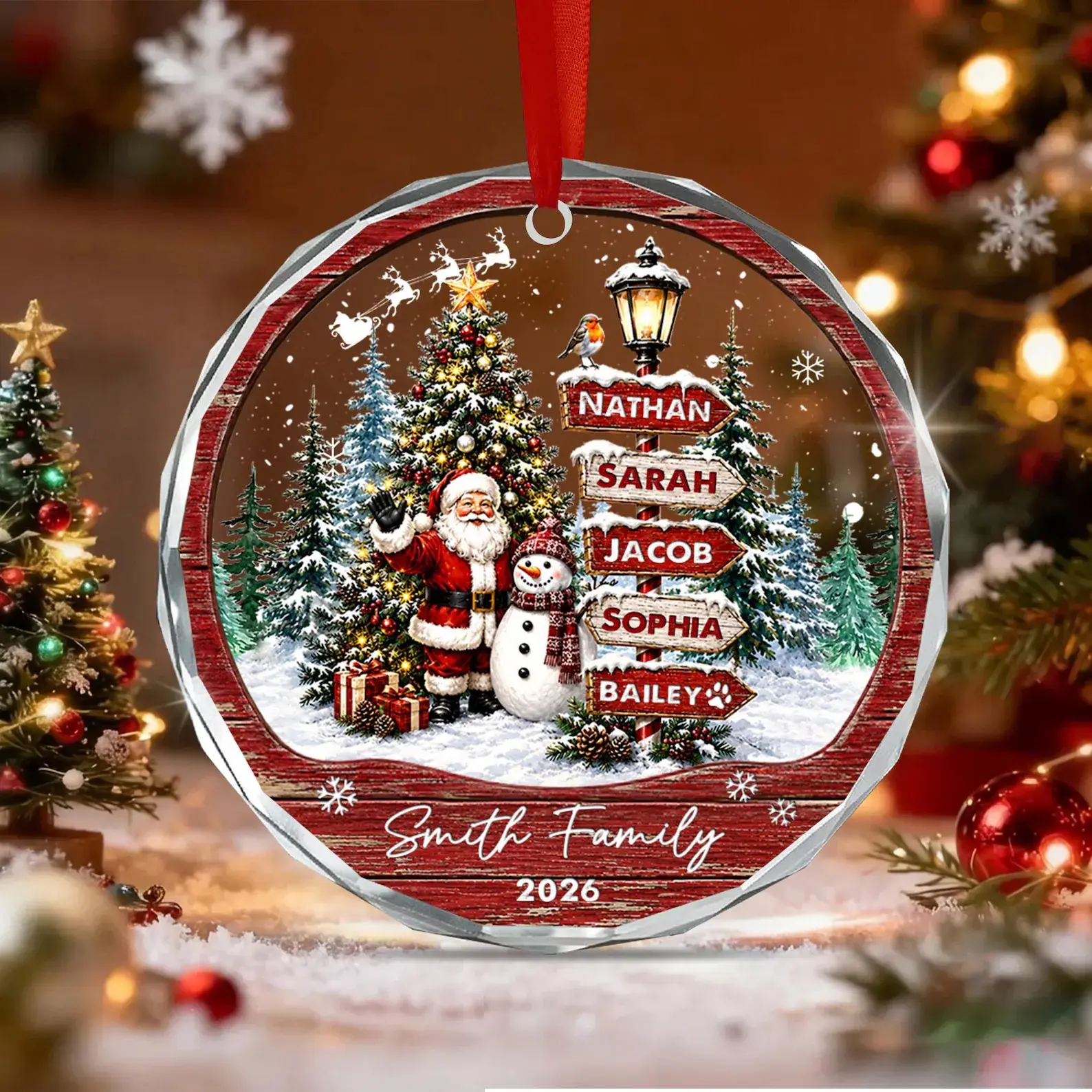 Family Christmas 2026 Round Glass Ornament, Custom Family Name Ornament, Family With Pets Ornament, Christmas Gift for Family, Custom Name Signpost Keepsake, Ghost Pumpkin Decor, Spooky Family Gift 2026- MonkeyGraphic Apparel