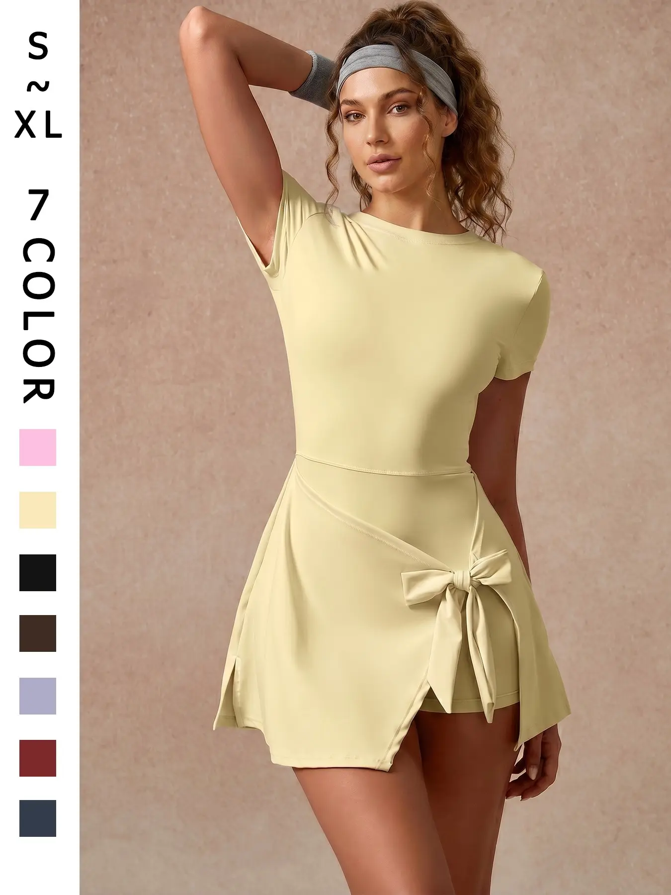 Women's Solid Color Short Sleeve Sports Dress with Built-In Skort, Active Dress, Exercise Dress, Workout Dress, High-Stretch Soft Slim-Fit Backless Yoga Dress, Casual Anti-Chafing Tennis Dress for Outdoor Running, Gym and Training, Golf Sports Skort