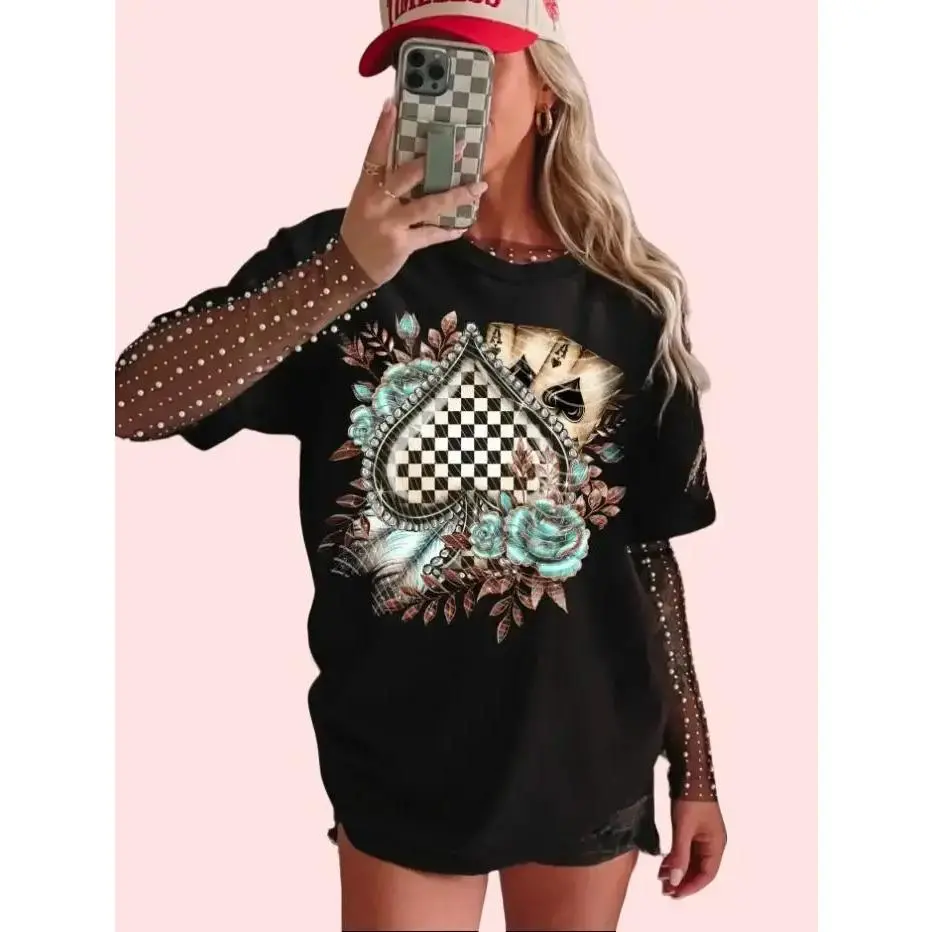 Women's Retro Western Checker Spades Short-Sleeve Cotton Graphic T-Shirt - Country Style Boutique Top, Gift for Puerto Rico Football Fan Mama, Shortsleeve, Leggings, Skirts