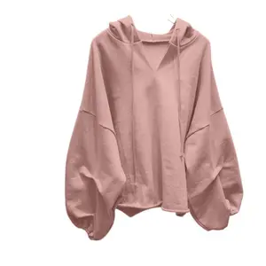 Women's pink V-neck drawstring hoodie loose fit soft knit pullover casual long sleeved sweatshirt, suitable for early autumn unique design oversized fashionable daily style topRAIMENTRY