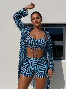 Turquoise Greek Key 3-Piece Swimsuit Set - Ruched Tie Front Bikini with Long Sleeve Cover Up