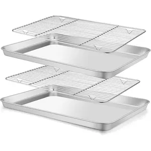 Baking Sheet with Wire Rack (2 Pans + 2 Racks), Stainless Steel Cookie Sheets Pan & Cooling Rack for Baking Cookies/Jelly Rolls, Non Toxic & Heavy Duty, Oven & Dishwasher Safe, 16 x 12 x 1 Inch