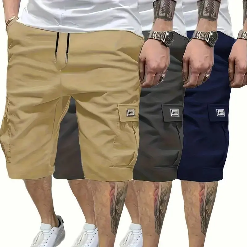 Men’s shorts 3-piece set (earth yellow/black/gray/blue) — slanted pockets — versatile casual wear — suitable for everyday use — multi-pocket design Belted Wrap Overalls Tropical