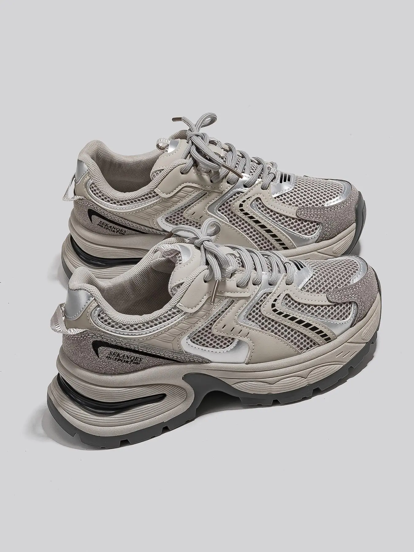 New Thick Sole Dad Shoes Casual Sporty Women's Athletic Trainers Sneaker Footwear Lightweight Breathable Height Increasing Sneakers, Casual Trendy Sneakers, Round Toe Mesh PU Leather Low Top All Seasons Lace Up Sneaker, Thick Soled Sneakers