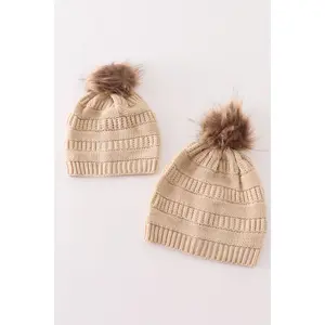 Beige pompom cable beanie