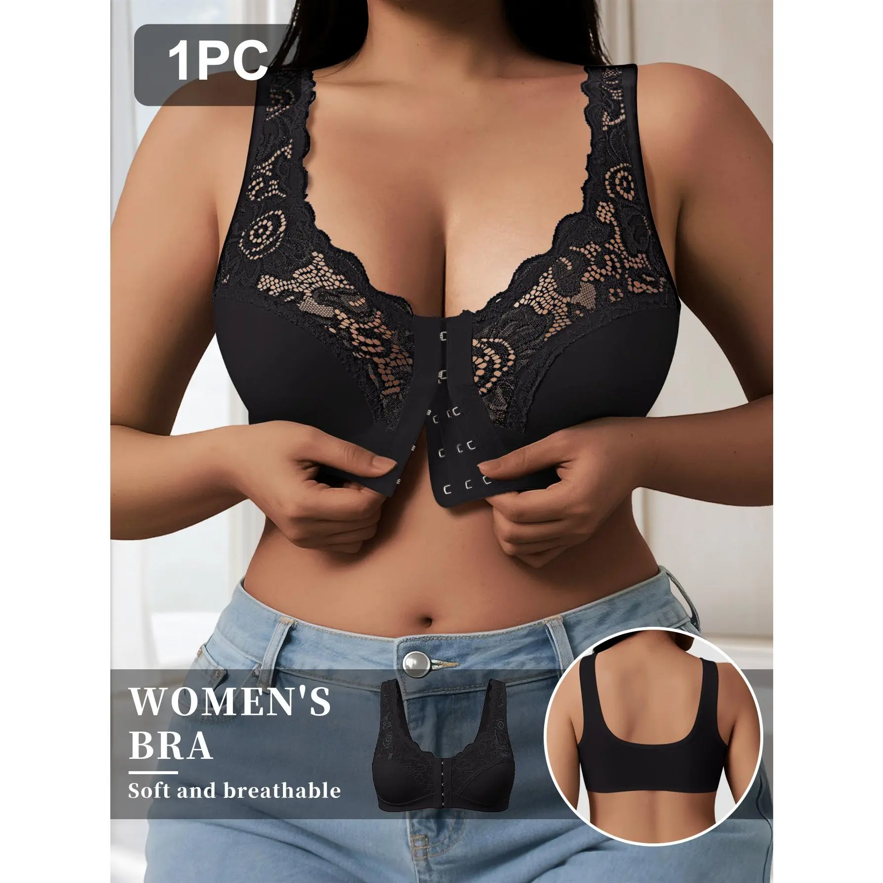 QUASTI Women's Essential Front Hook No Underwire Lace Bra - Polyester, Feminine Aesthetic, Adjustable Light Support, Full Body Coverage, Easy On/Off, Breathable Material, Comfy Sporty Fit for Daily Wear/Sports, S-XXL, Everyday Bras for Women