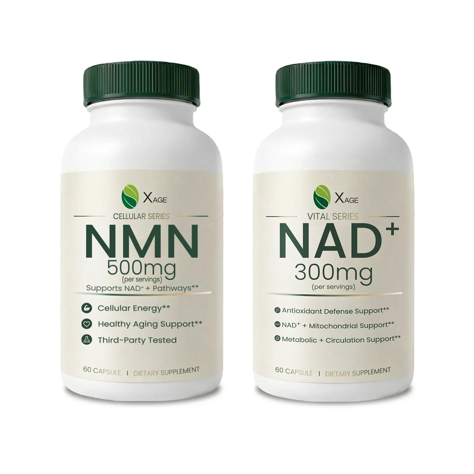 XAGE NAD+ 300mg & NMN 500mg Dietary Supplement Bundle - 2 Bottles of Daily Wellness Vitamins for Energy Support