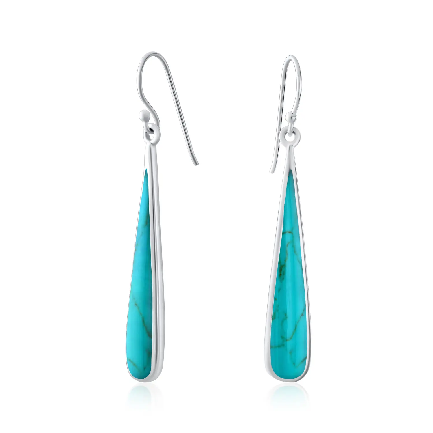 Green Agate Inlay Long Teardrop Shaped Dangle Earrings .925 Sterling Silver