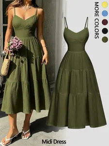 Elegant Plain Fitted Feminine Dress with Thin Straps and Layered Ruffle Waist, Medium-Length Casual Women's Dress, Lightweight and Comfortable [midi dress]