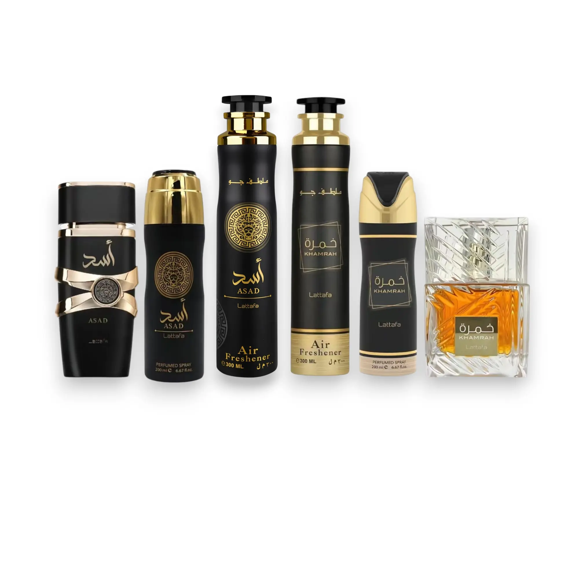 Lattafa Khamrah + Asad Unisex Fragrance Multi-Pack - Alcohol-Based Eau De Parfum, Air Freshener, Body Spray Bundle (100 ML-300 ML) with Sweet, Fresh Spicy & Amber Notes