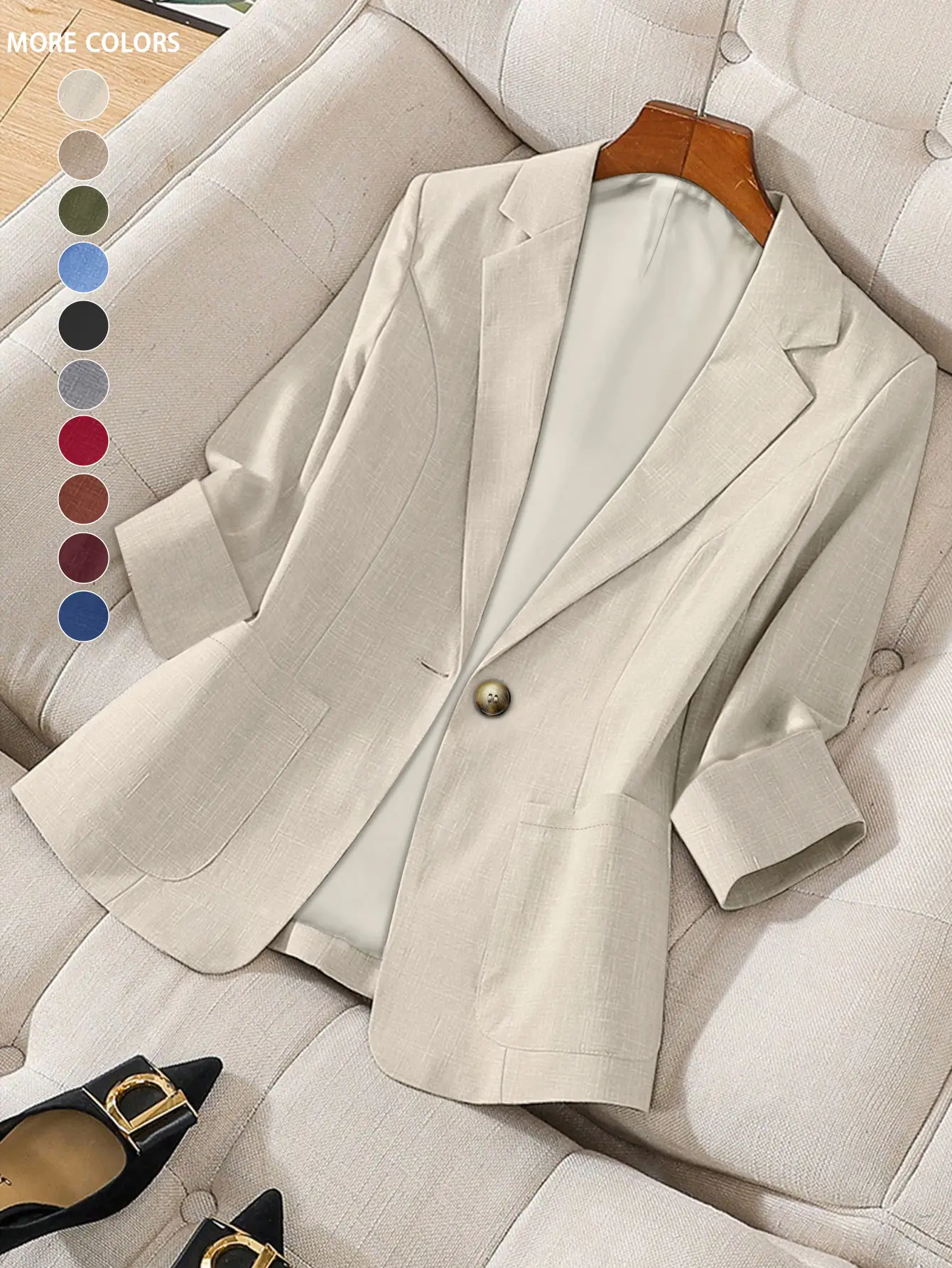 ASANDY Women's Casual Blazer Jacket Three-Quarter Sleeve H-Silhouette Light Beige Solid Color, Machine Washable Single-Breasted Button Front for Sprin