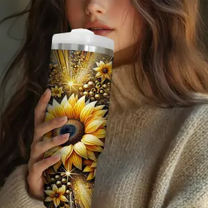 30oz Insulated Stainless Steel Water Cup with Lid and Straw, Portable Sunflower Pattern Travel Mug for Summer & Winter, Perfect Gift for Friends & Family