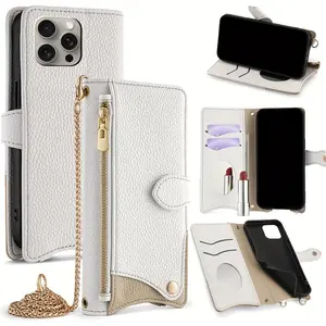 Stylish Women'S Phone Case Featuring a Makeup Mirror, Hardware Chain, And Spacious Wallet Design. This Zippered Wallet Phone Case Is Compatible with for iphone Models 17, 17 Pro, 17 Pro Max, 17 Air, As Well As 11, 12, 13, 14, 15, 16