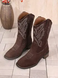 Women's Coffee Vintage Embroidered Western Cowboy Boots, Cowgirl Boots, Mid-Calf Faux Deer Suede Fabric, Feather Pattern, All Seasons, All Match Boots