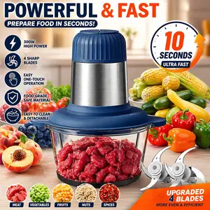 PHIND 2L Electric Food Processor & Meat Grinder, 300W Stainless Steel Kitchen Food Chopper for Vegetables, Fruit and Nuts, 8-Cup Glass Bowl, Dual Speed Control, 4 Bi-Level Blades, Safety Protection