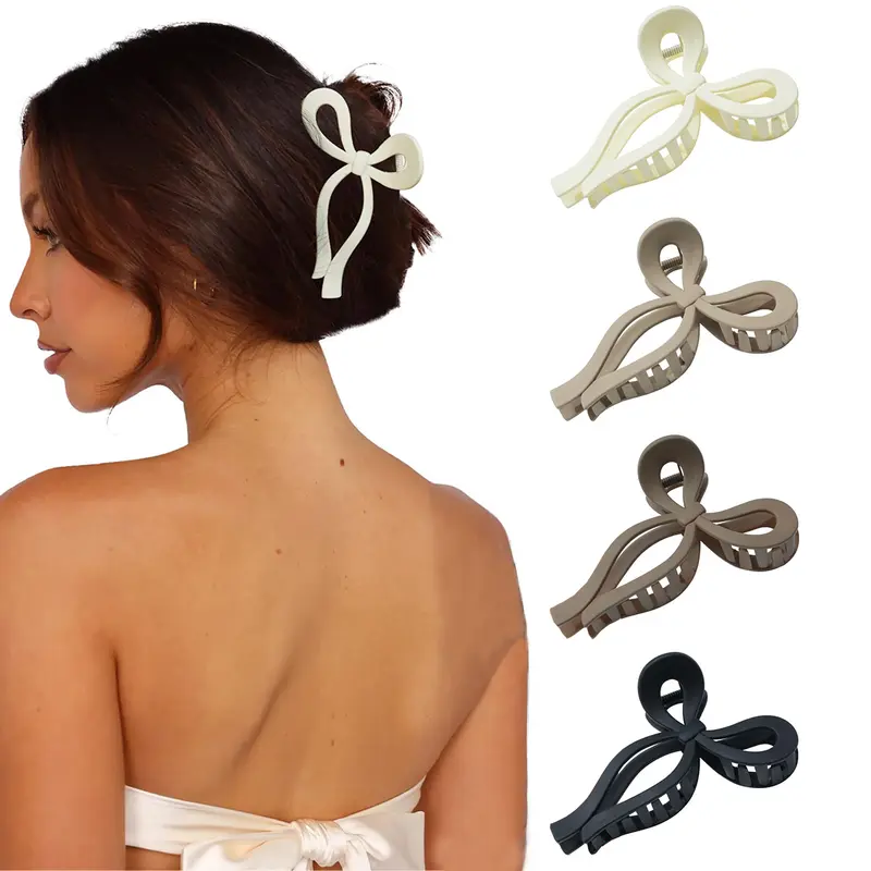 AWAYTR Women's 4Pcs Synthetic Claw Bow Hair Clips Set - Plastic + Metal, Nonslip Strong-Hold, Spring Opening and Closing, Suitable for Thin & Thick Hair, Ideal for Cooking, Engagement (For Claw Clip Hairstyles)