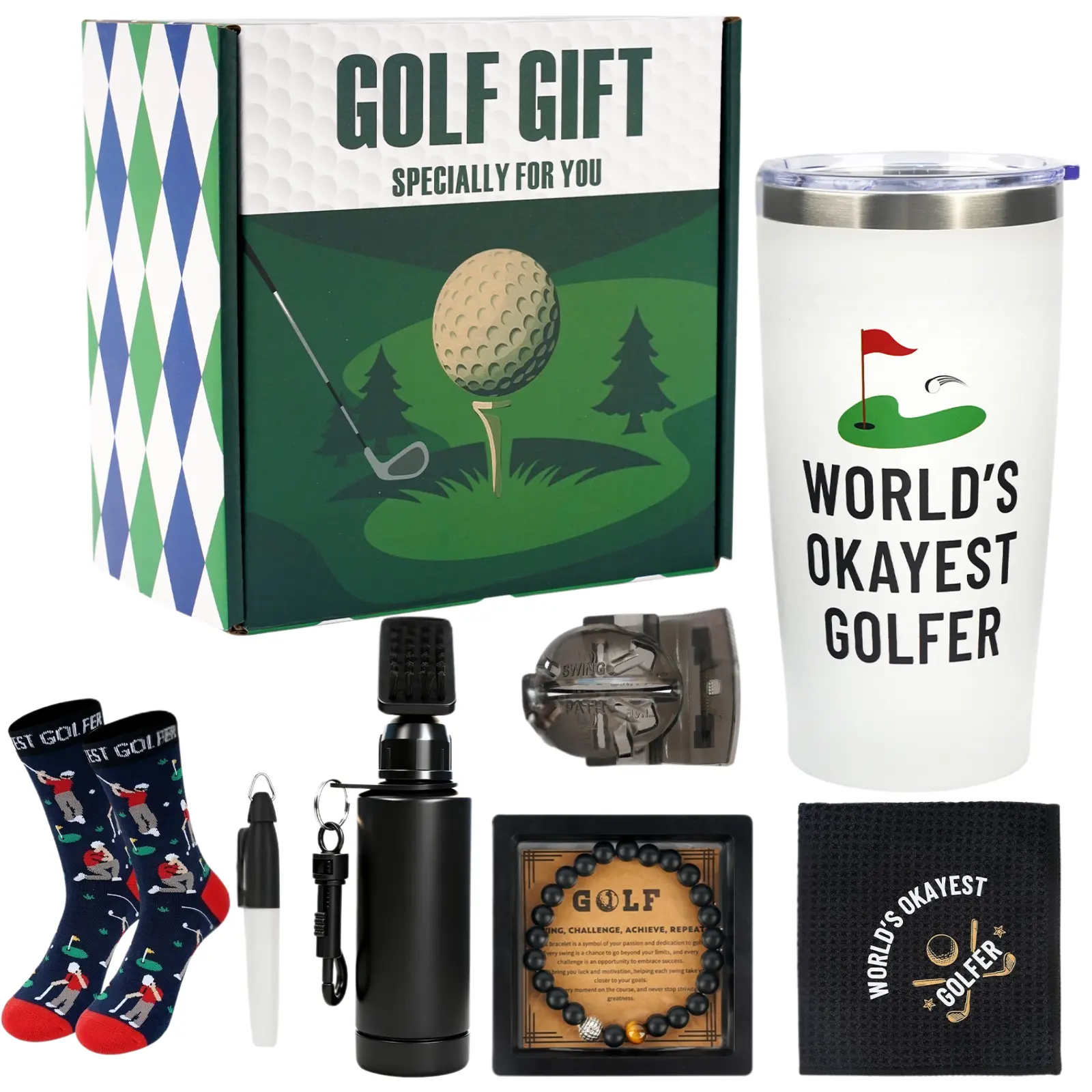 Funny Golf Gift Set for Men – World’s Okayest Golfer Cup, Socks, Towel & More – Perfect Golf Gifts for Dad, Husband or Boyfriend