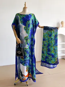 Elegant Silk Peacock Feather Print Dress Set, Long Robe & Scarf, Beach Cover-Up, Sun Protection, Beach Cover Ups, Swimwear Coverups, All Seasons Wear