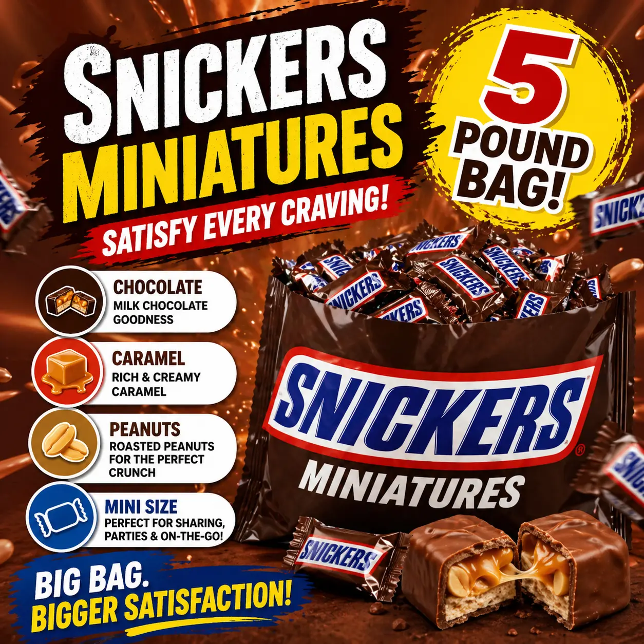 Snickers Miniatures Chocolate Candy 5 lb Bulk Bag  Individually Wrapped Mini Chocolate Bars | Bulk Party, Halloween & Office Treats