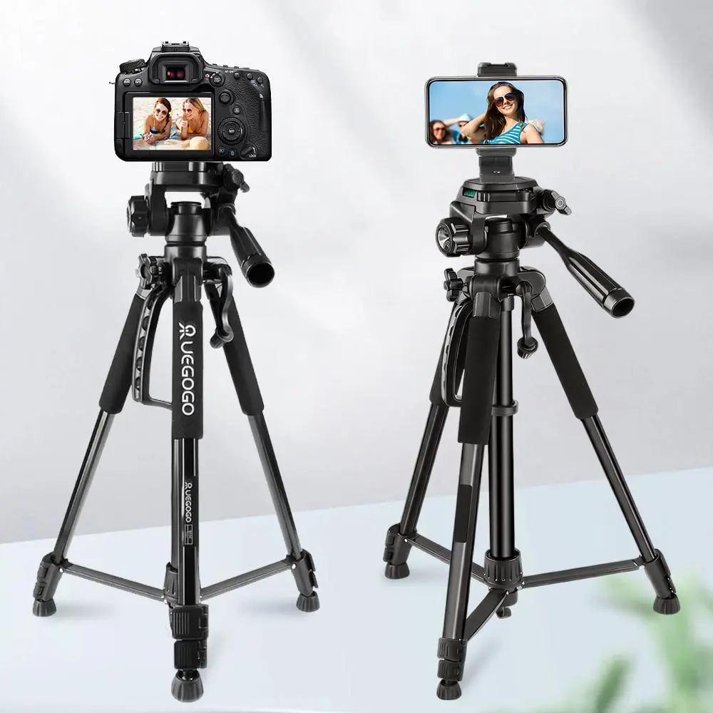 UEGOGO 59.8" Vlogging sturdy camera screw floor tripod  for Camera & Cell Phone Video Recording, Heavy Duty Tall Camera Tripod Stand for iPhone, Professional Travel DSLR Tripods Compatible with Canon, with 2 Phone Clips
