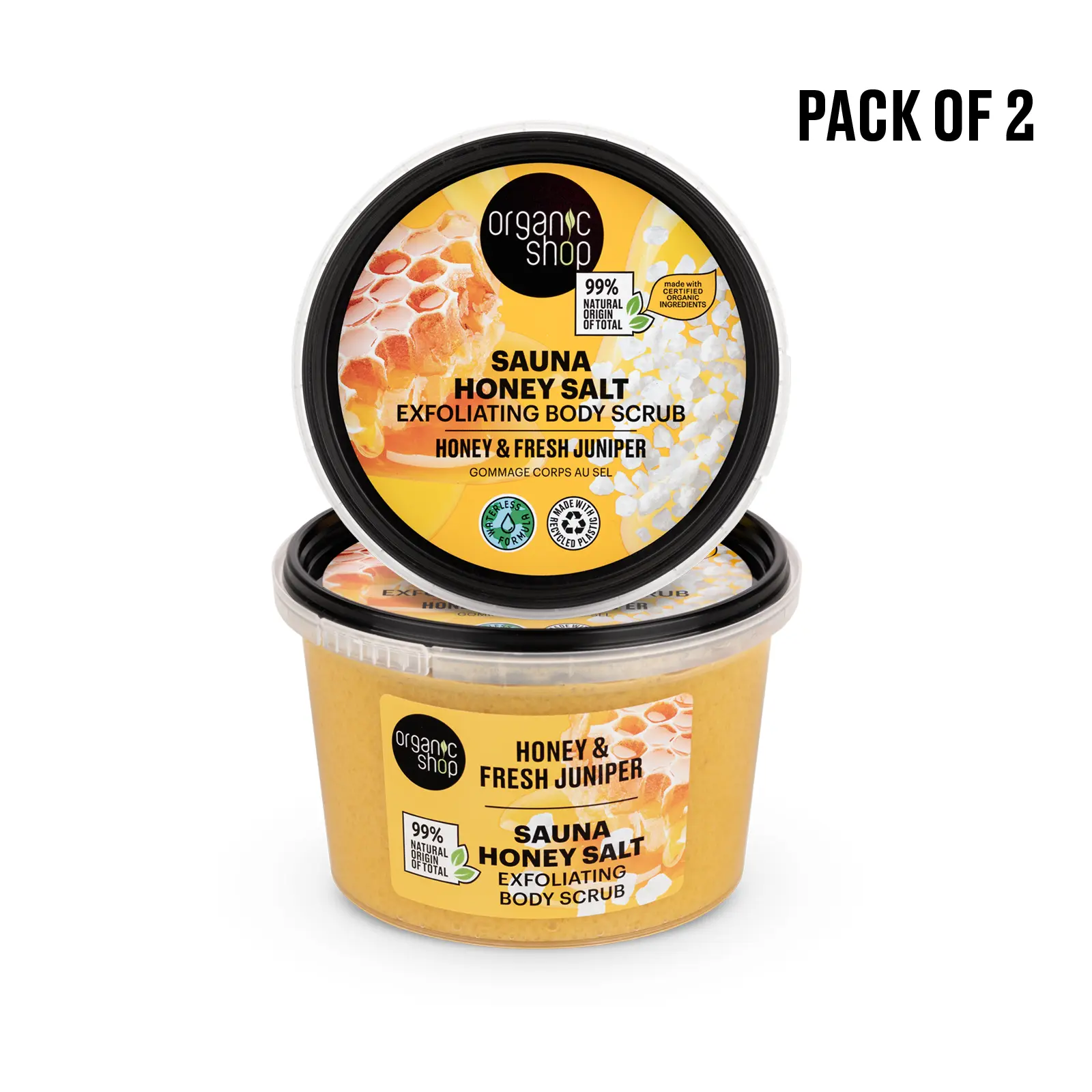 Organic Shop Raw Honey Salt & Juniper Hydrating & Exfoliating Body Scrub, 100% Vegan & Organic, Daily Exfoliant, Detox & Moisturizer, Body, Face, Hand & Foot, Intensive Care & Skin Toning. 250ml. Pack of 2