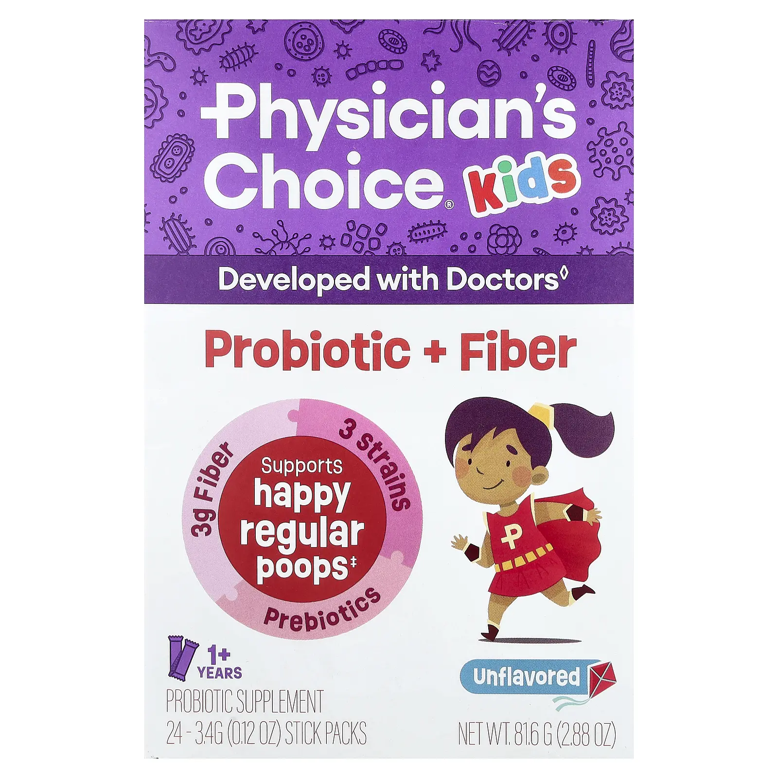 Physician's Choice Kids Probiotic + Fiber, 1+ Years, Unflavored, 24 Stick Packs, 0.12 oz (3.4 g) Each