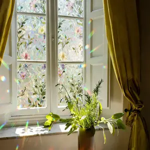 1 roll iridescent window film with floral, Flower and bird pattern, decorative privacy film for glass. Static cling, self-adhesive, removable and easy to apply. Ideal for windows and doors, enhancing home aesthetics and room décor. Window Privacy Films