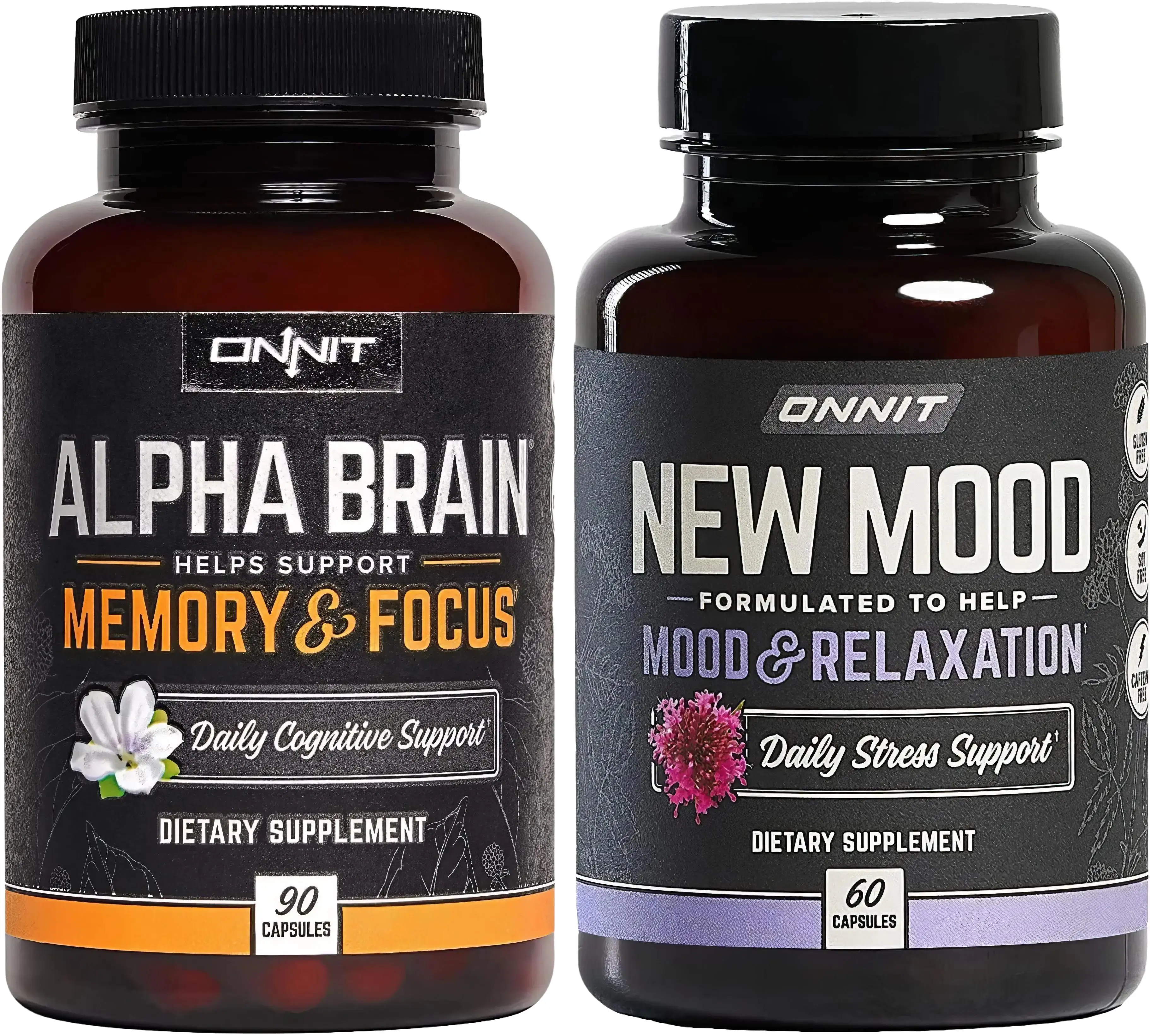 Onnit Alpha Brain 90ct + New Mood 60ct Stack | Nootropic for Focus, Memory & Mood | Caffeine-Free Brain Boost for Men & Women | Health Fitness Support