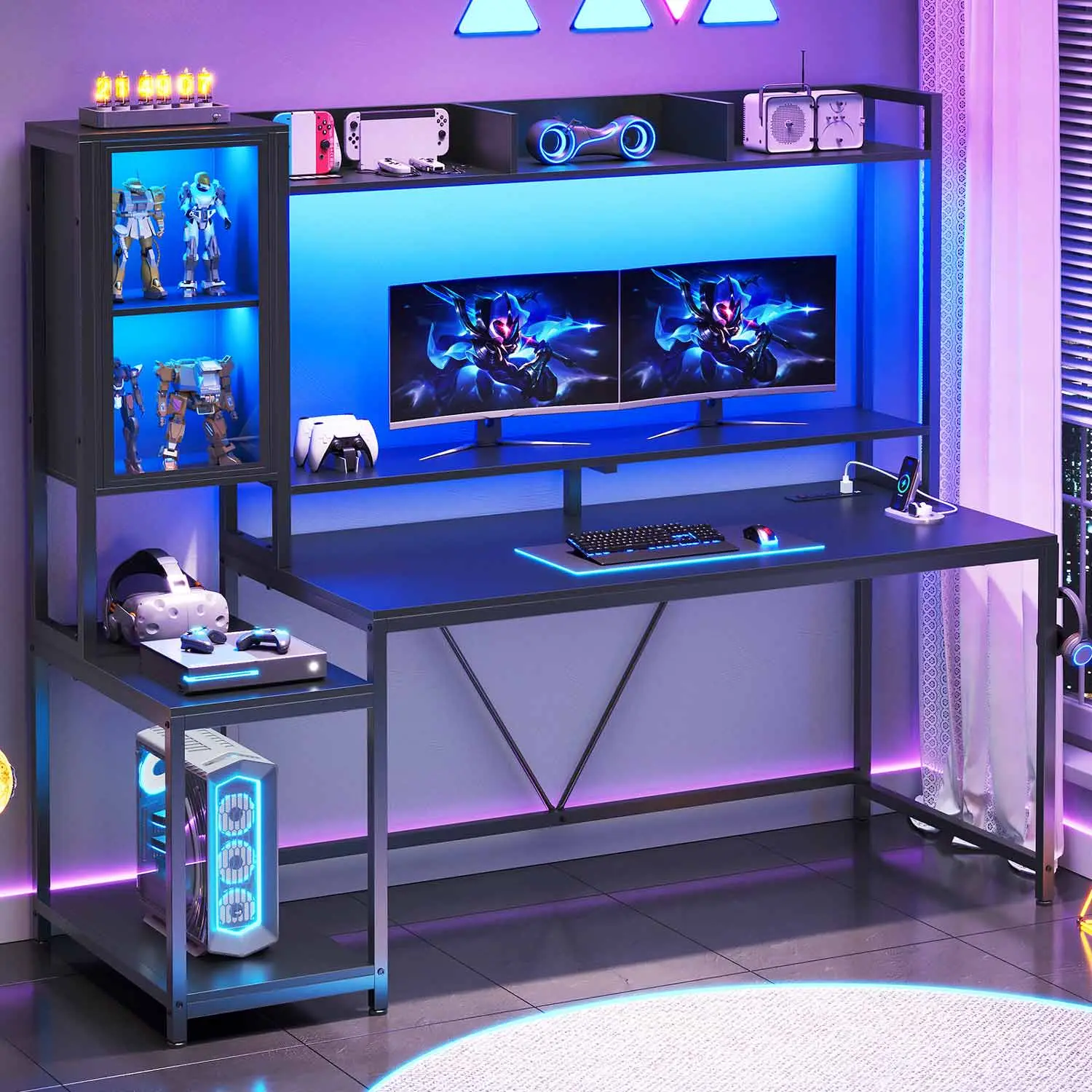 Sedeta 60-in Modern Wood & Metal Sturdy Computer Gaming Desk - LED Lights, Storage Shelf, Monitor Cabinet, Double Monitor Mount, Built-In Power Outlet, Home Office Desktop Workstation (Office Furniture)