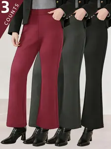 3PCS Plus size Women's Fleece-Lined Casual Flare Pants - Warm, Fashionable High Waist Skinny Thermal Flares for Everyday & Winter Fitness Womenswear Flared Bottom